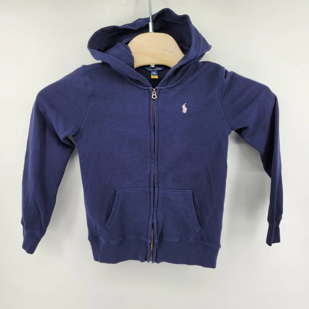 Polo Ralph Lauren Boys Large (12-14) Navy Blue Full Zip Hoodie‎ Pink Pony Logo